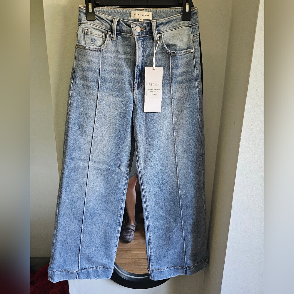 Risen High Rise Front Seam Wide Leg Crop Jeans